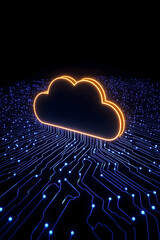 Glowing cloud symbol above circuit board, representing digital data storage and networking