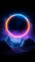Glowing cosmic ring above snow-capped mountains at night