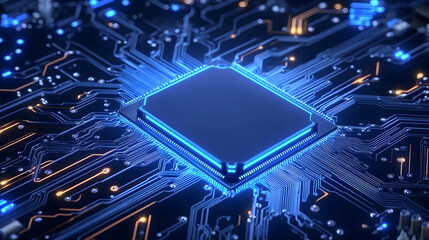 Glowing CPU on circuit board