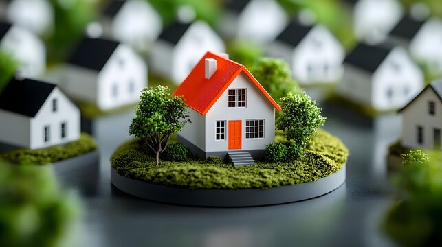 Cluster of modest white houses with a vibrant orange house at the center showcasing a model dwelling for the property and real estate industry