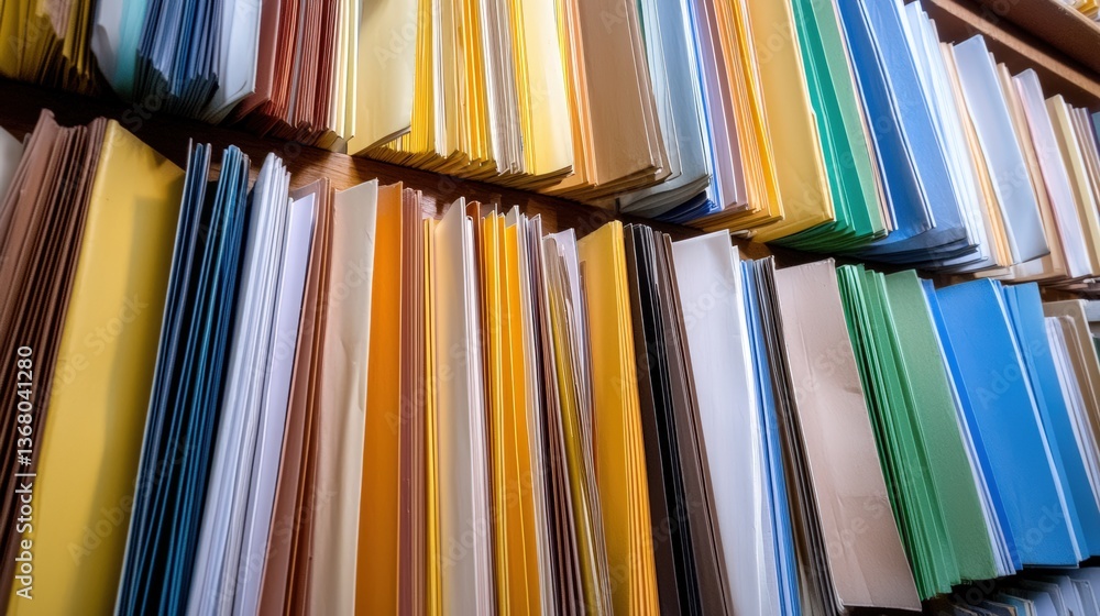 Poster a vibrant assortment of colorful file folders neatly arranged, showcasing various textures and hues,