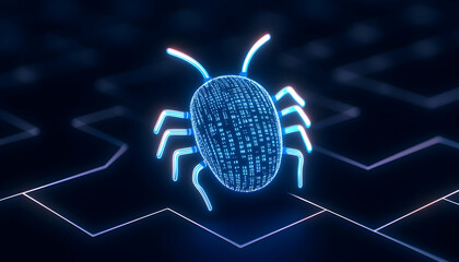 Glowing digital bug crawling on a circuit board, representing cyber threats and vulnerabilities