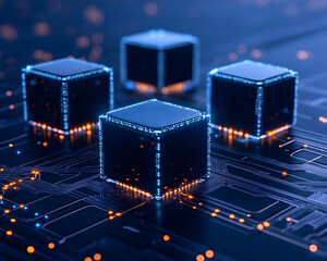 Glowing data cubes on circuit board