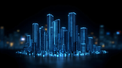 Glowing digital city skyline at night