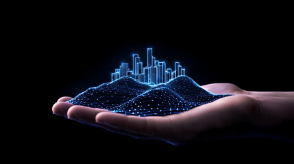 Glowing digital city model in open palm, dark background