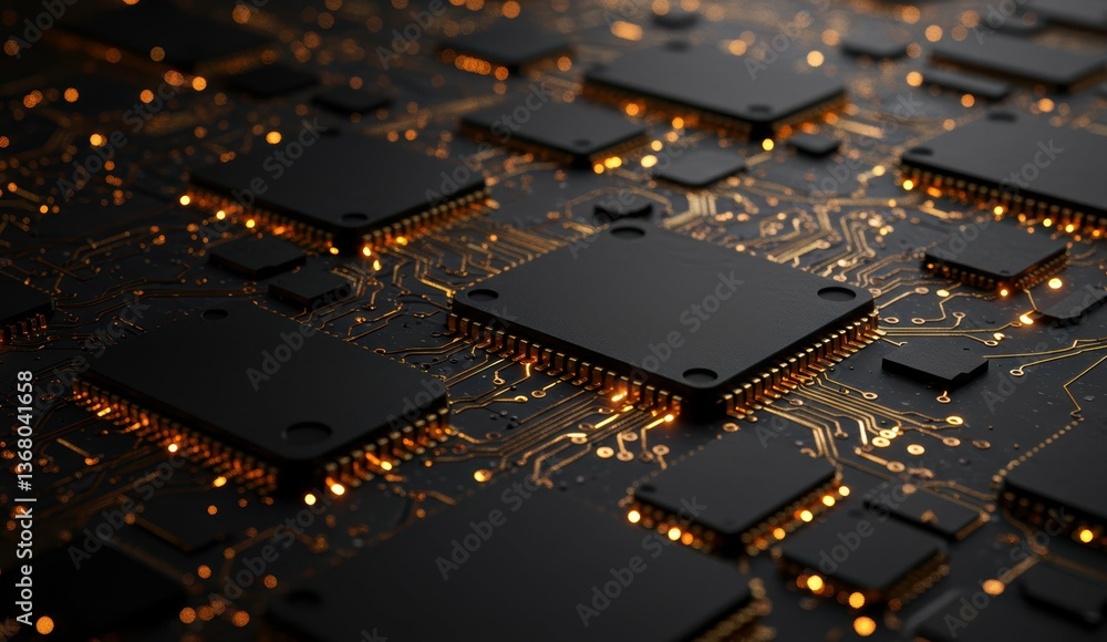 Poster close-up view of circuit board with microchips and gold traces. technology theme related to electron