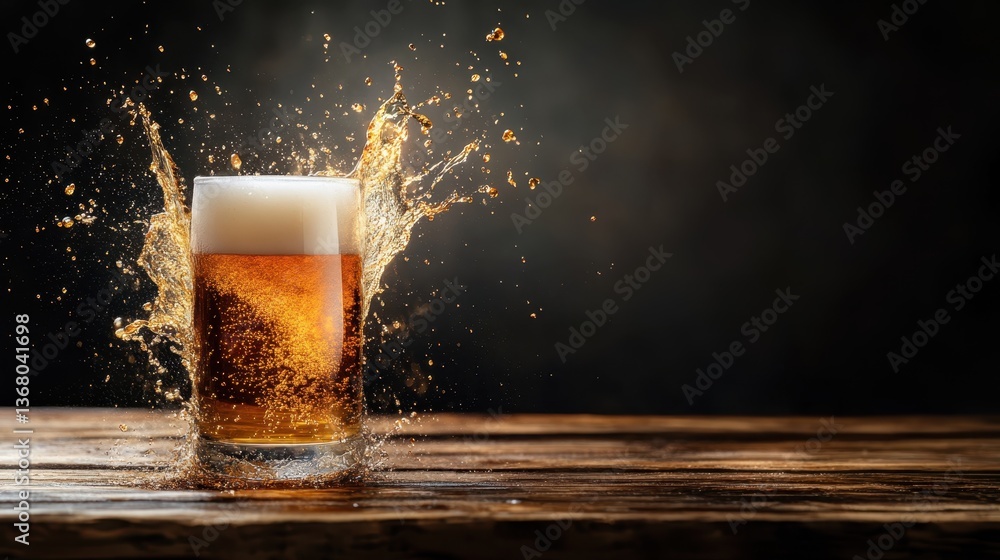 Poster a refreshing glass of beer splashes over the rim, creating dynamic movement and showcasing the golde