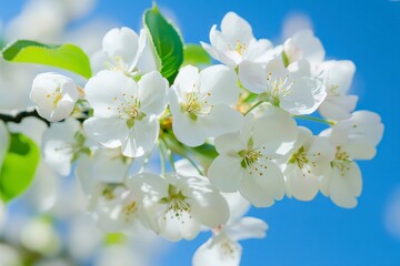 Obraz premium Blooming Cherry Blossom Branch with White Petals Against a Clear Blue Sky