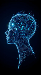 Glowing digital head profile, interconnected nodes forming a neural network