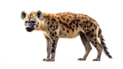 Obraz premium Spotted hyena standing gracefully against a white background.
