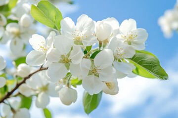 Obraz premium Blooming Apple Blossoms on Branch Against a Blue Sky in Spring