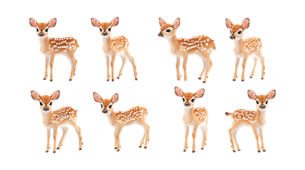 Pack Bubbly Bambi set in Different Poses Against Transparent Background for Forest-Themed Art, Wildlife Illustrations, or Nature Designs