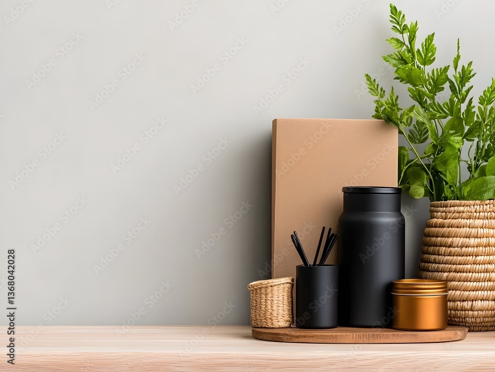Poster curated collection of storage vessels in varied textures and materials including cardboard boxes wov