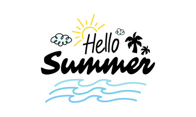 Hello summer time concept design. Creative abstract shape background and plant colorful of summer season for sale post template.