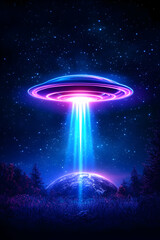 Glowing UFO descends over Earth, illuminating night sky and trees