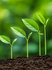 Four vibrant green seedlings growing in rich dark soil against a blurred green background, showcasing growth stages