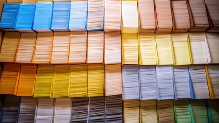 A vibrant arrangement of colorful paper stacks, showcasing a variety of hues, ideal for organization, crafts, or art projects, health info records management.
