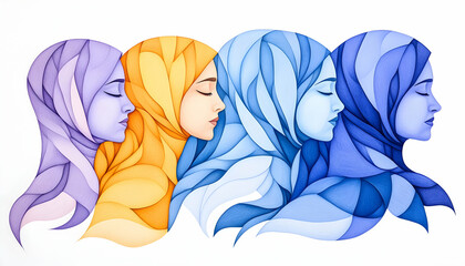 Four women in colorful hijabs, eyes closed, profile view, artistic illustration