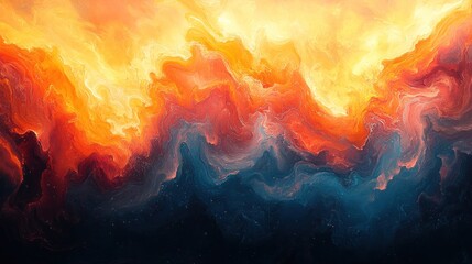 Fiery, swirling abstract artwork with warm and cool tones merging