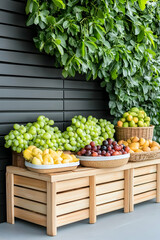 Fresh fruit display on wooden crate against green wall
