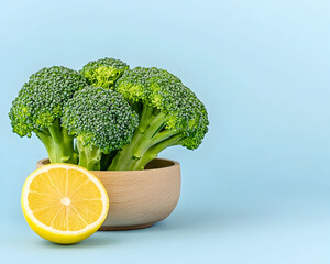 Fresh broccoli florets in bowl with lemon slice on light blue background