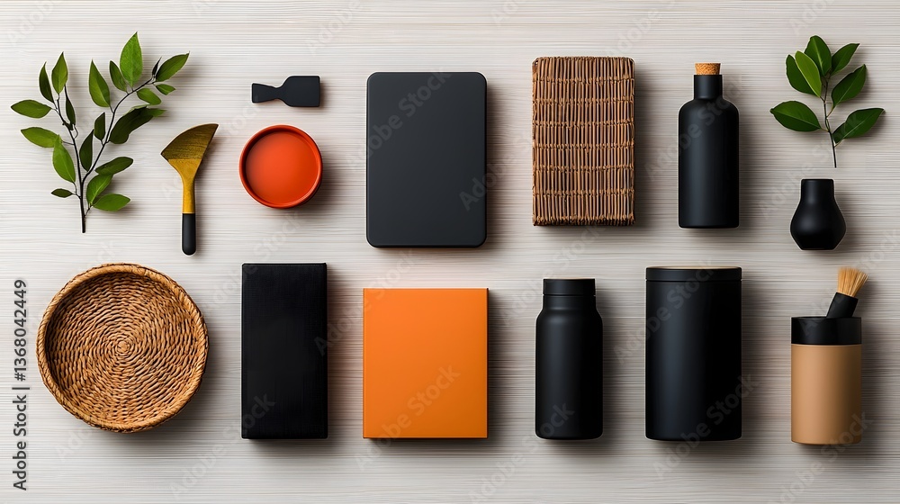 Poster curated flat lay arrangement featuring a diverse collection of storage containers in various shapes 