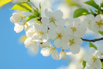 Fototapeta premium White Cherry Blossoms Blooming on Branch Against a Bright Blue Sky