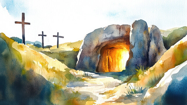 Golgotha with the empty tomb of Jesus Christ and three crosses on the hill, Easter watercolor illustration symbolizing the resurrection