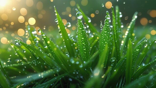 Raindrops on green grass with golden light and dreamy bokeh.