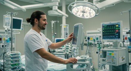 Male Doctor or Nurse Using Medical Technology in Modern Hospital Operating Room