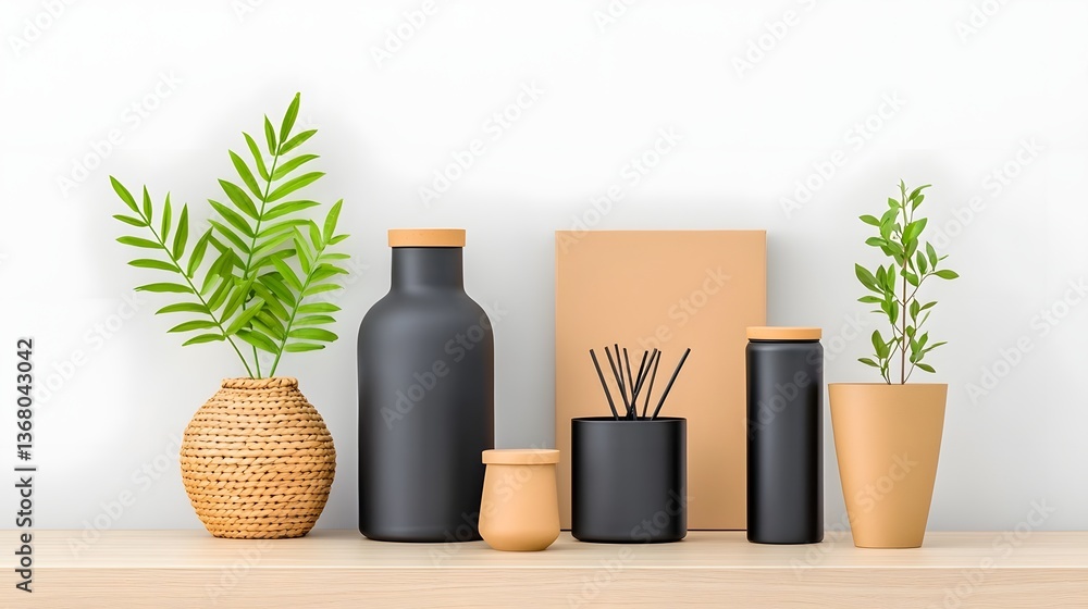 Poster curated flat lay showcasing a collection of versatile storage containers made from cardboard wicker 