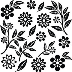 flower with buds and leaves, vector collection and Rose silhouette on a transparent background.