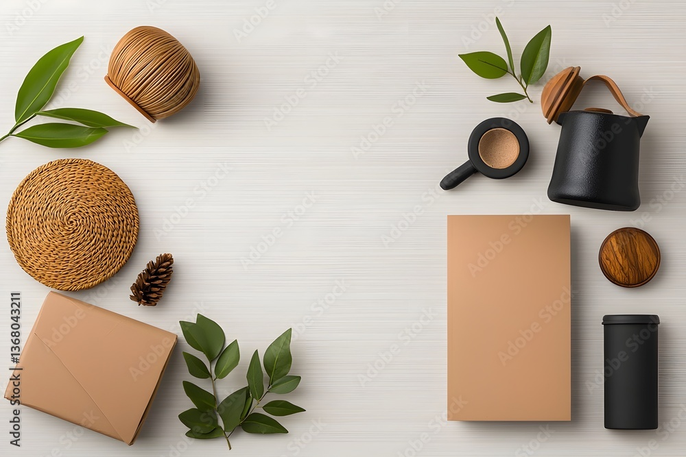 Poster curated flat lay showcasing an eclectic arrangement of storage containers in cardboard wicker and me