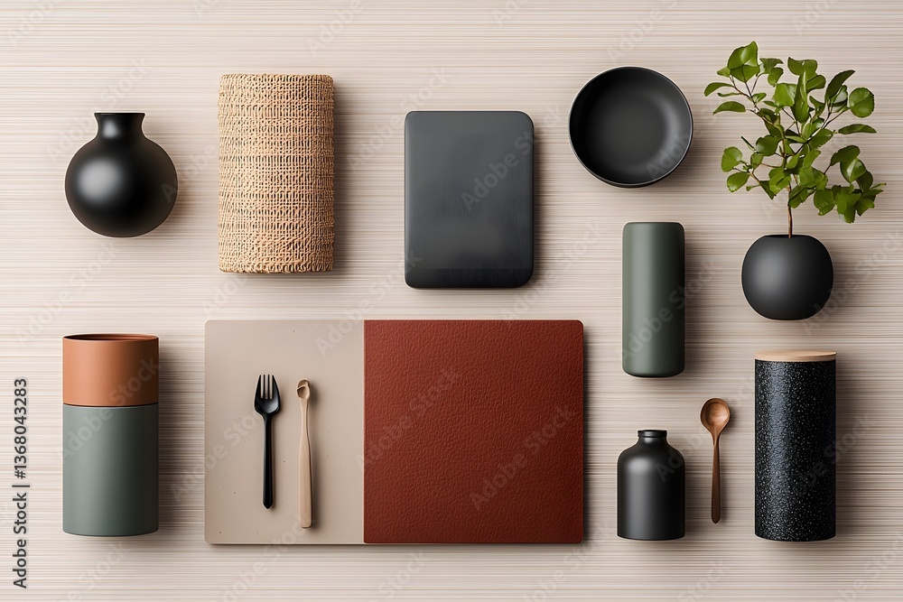 Poster curated flat lay showcasing an eclectic arrangement of storage containers in cardboard wicker and me