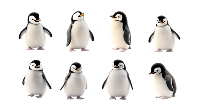 Pack Puffy Penguin set in Different Poses Against Transparent Background for Arctic Illustrations, Cute Bird Art, or Wildlife Designs