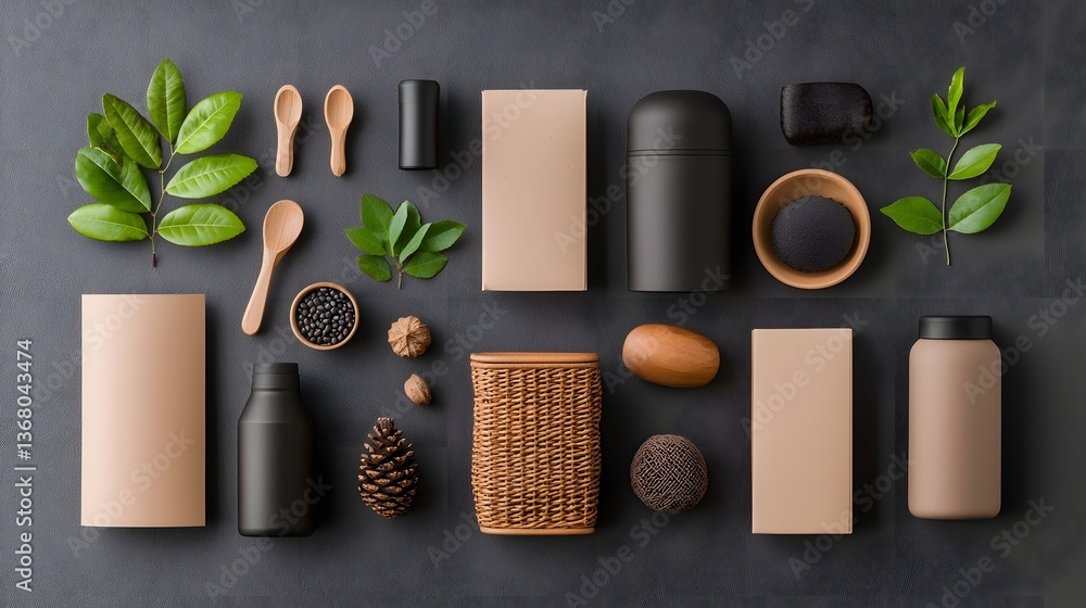 Poster curated selection of cardboard wicker and metal storage containers arranged in a balanced flat lay c