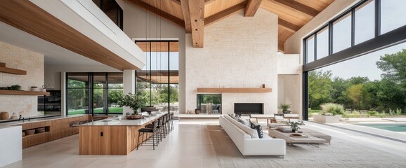 Open-plan living space with high ceilings, a kitchen island, and expansive windows overlooking a pool