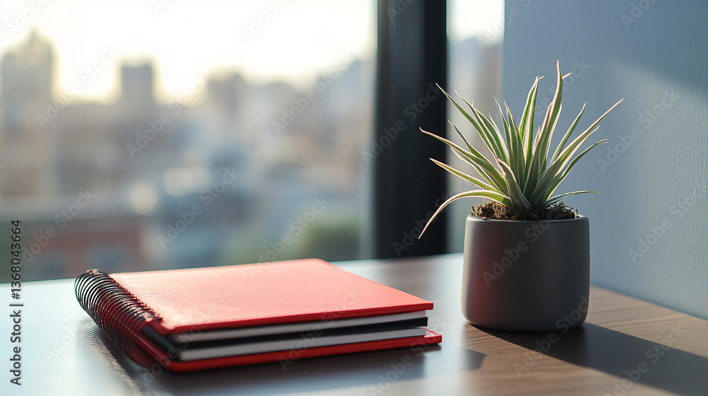 Poster red notebook and potted plant on wooden table near window, showcasing a minimalist workspace scene, 