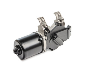 Auto parts for car repairs. An electric motor with a gearbox and a spline rod for the car wiper blade mechanism. A detail for a car on a white background.