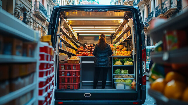 Woman shopping in a mobile grocery store inside a van with shelves of food and produce on display