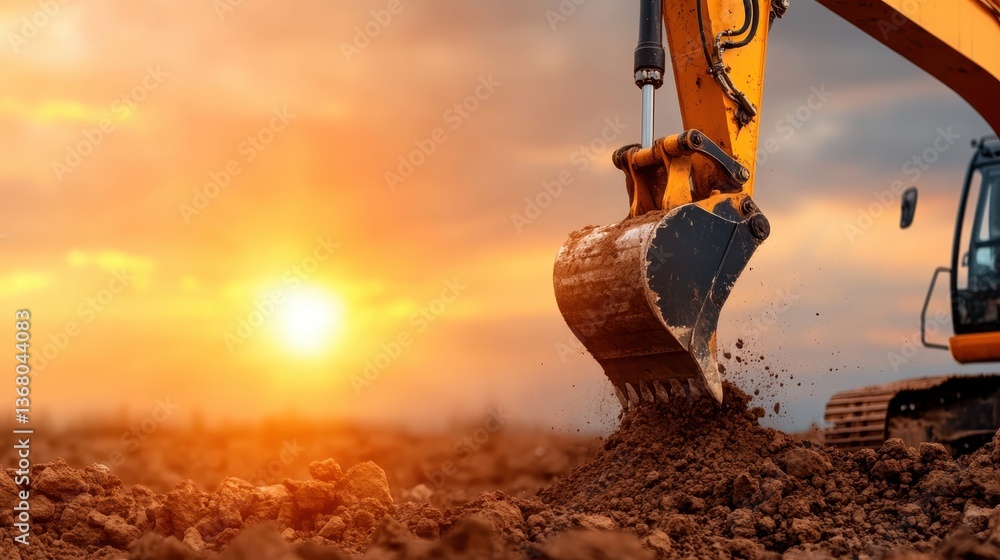 Poster this dynamic shot shows an excavator digging into the soil, sending clouds of dust into the air, emp