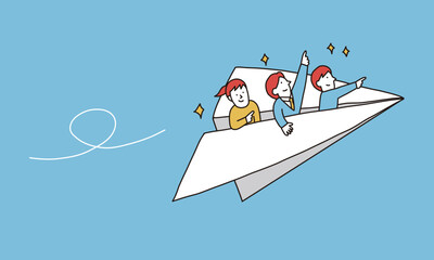 紙飛行機に乗って目標を目指す人々のイメージイラスト