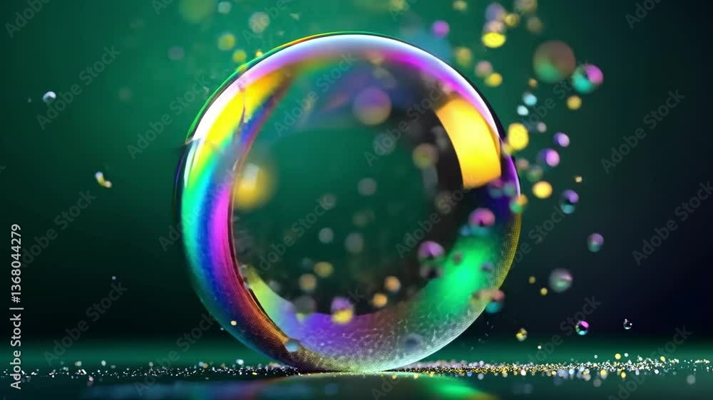 Poster a world within a bubble: a captivating close-up reveals a mesmerizing soap bubble, iridescent with c