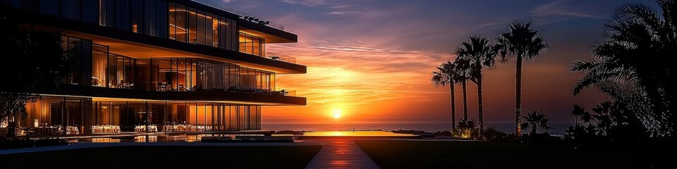 Luxury beachfront estate illuminated during a vibrant sunset over the ocean