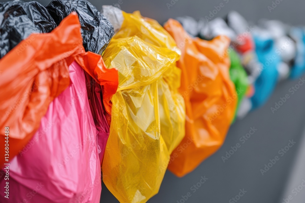 Poster vibrant waste sorting innovation eco-conscious recycling visualization with color-coded plastic bags