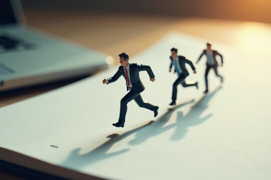 Small figurines of businessmen racing on notebook lines, competitive business metaphor, figurines, lines