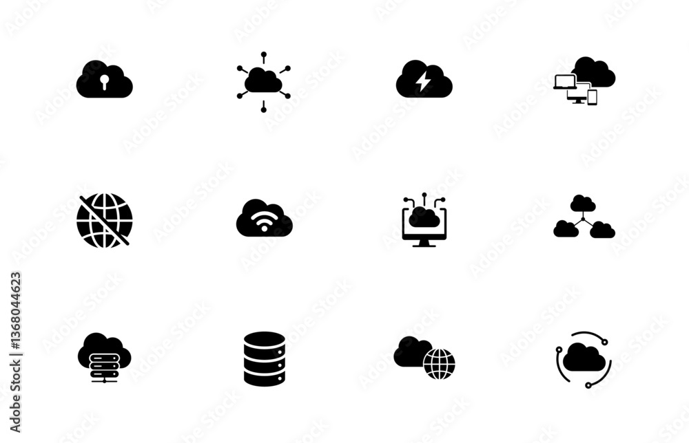 Poster solid vector icon set with cloud computing, computer technology, storage, global connectivity icons.