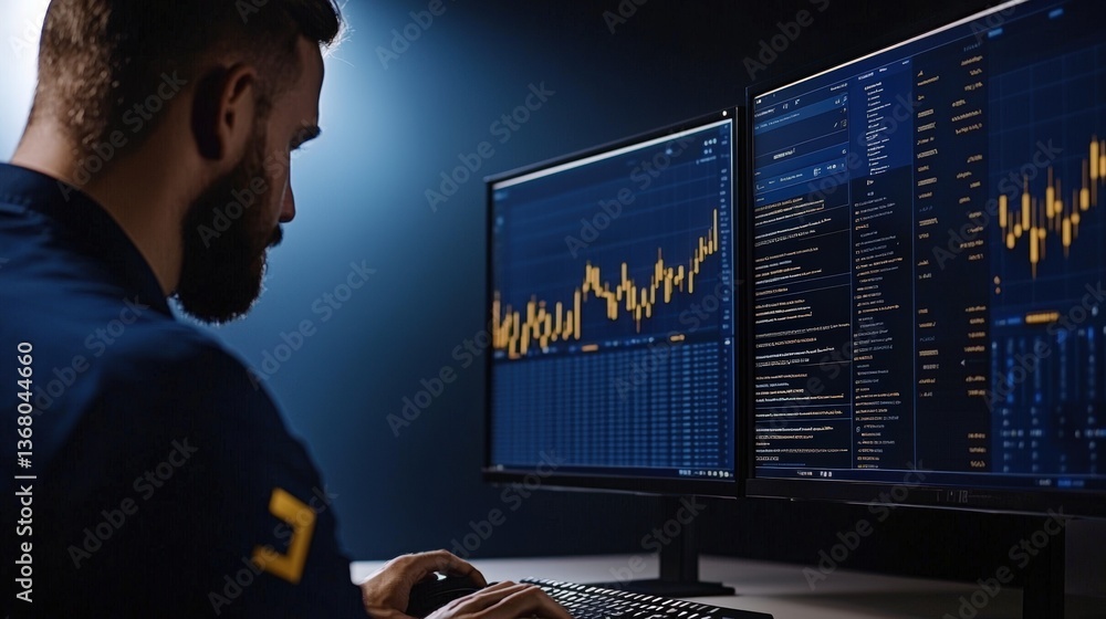 Poster focused it professional analyzing data on dual monitors with concentration in a modern office enviro