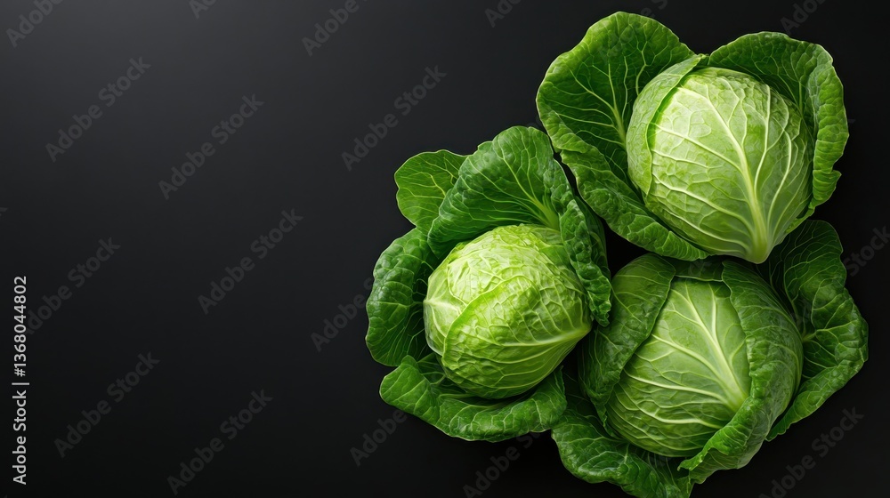 Poster a stunning top view of multiple cabbages surrounded by their fresh green leaves, emphasizing the int
