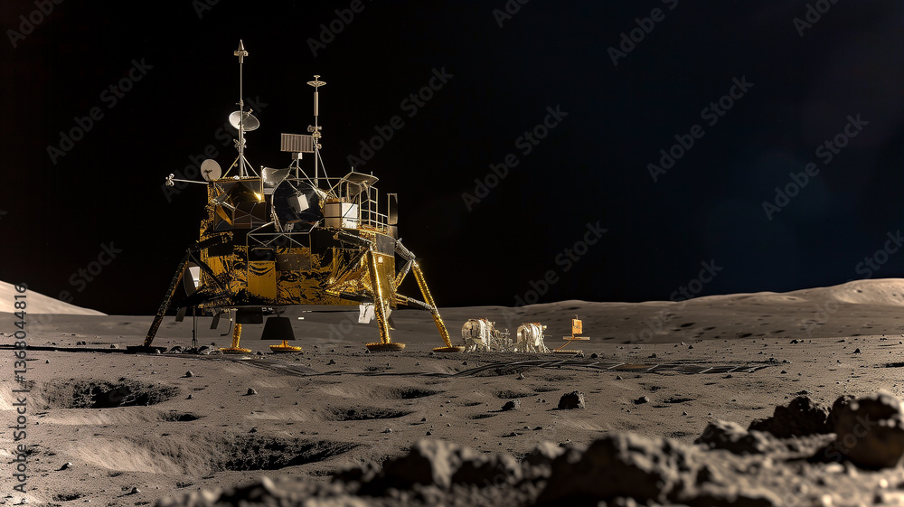Poster this excavators and machinery work to extract regolith at a lunar refinery site during the night.